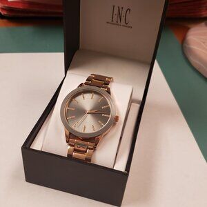 INC, NWT, Rose gold tone link watch with clear rhinestones